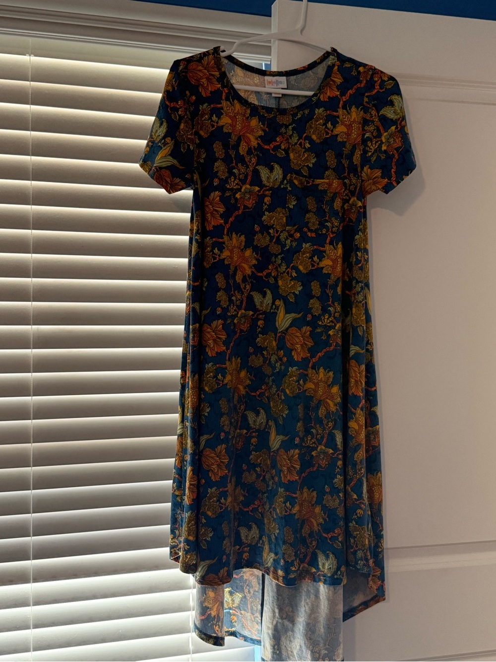 LuLaRoe Carly Blue Floral Short-Sleeve Swing/Hi-low Dress